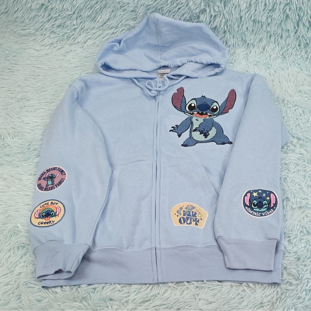 Disney Stitch Women's Full Zip Fleece Hoodie w/ Pockets Blue Size L